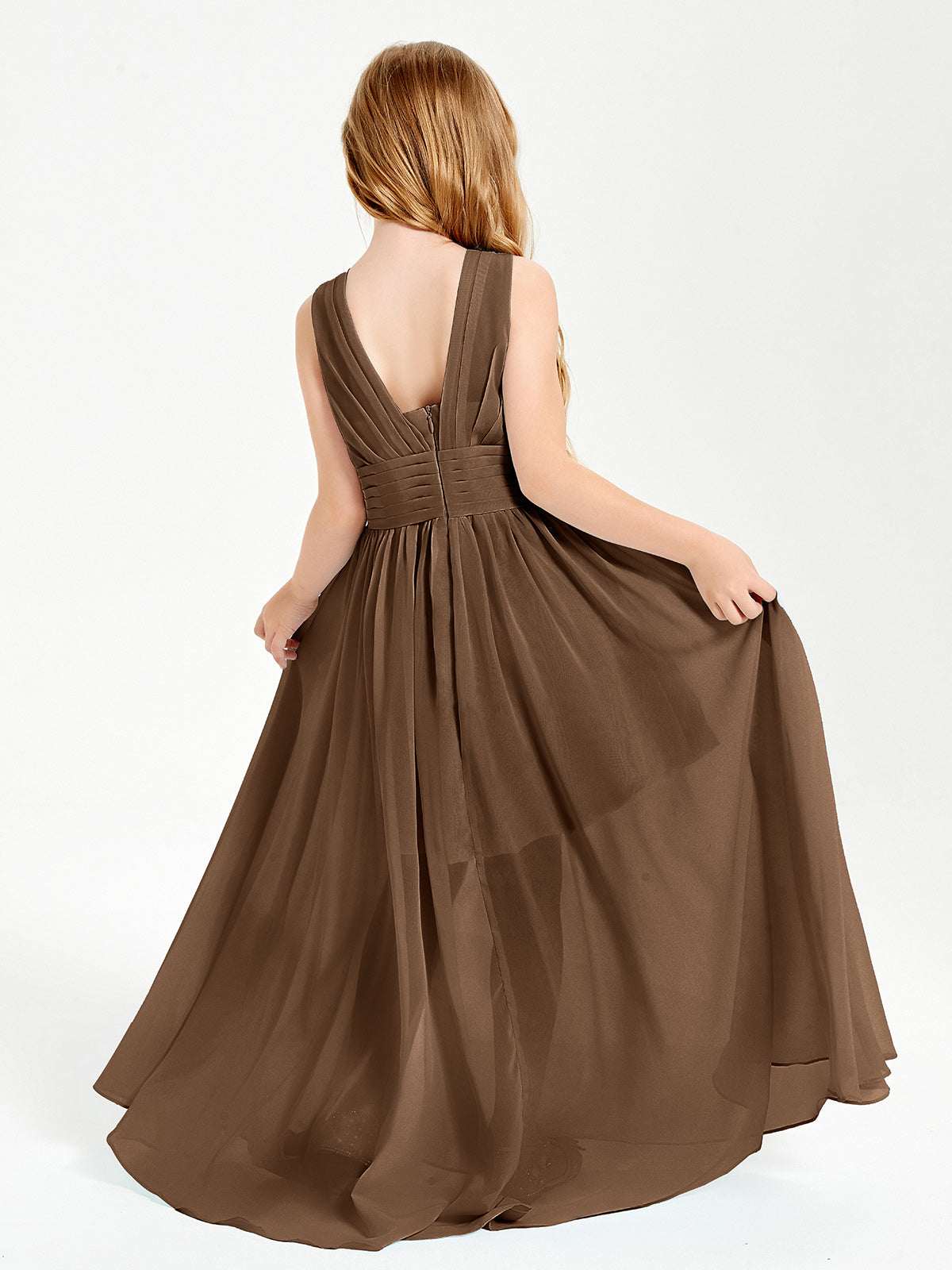 Long V-neck Junior Bridesmaid Dresses Brown